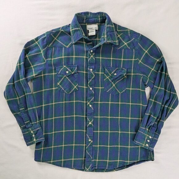 VTG Wrangler Wrancher Shirt Blue Green Plaid Pearl Snap Long Sleeve Shirt - Picture 1 of 7